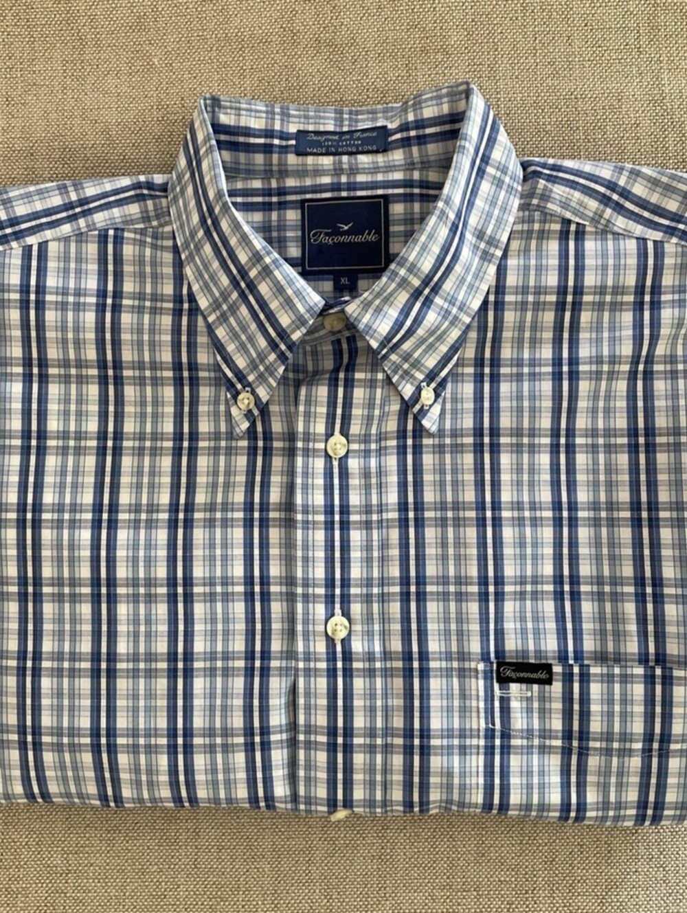 Faconnable Vintage Woven Blue Check Button Down XL